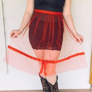 Vintage 1960’s Red Sheer Mesh & Satin Ribbon Apron • Red Ribbon Trim • Holiday
